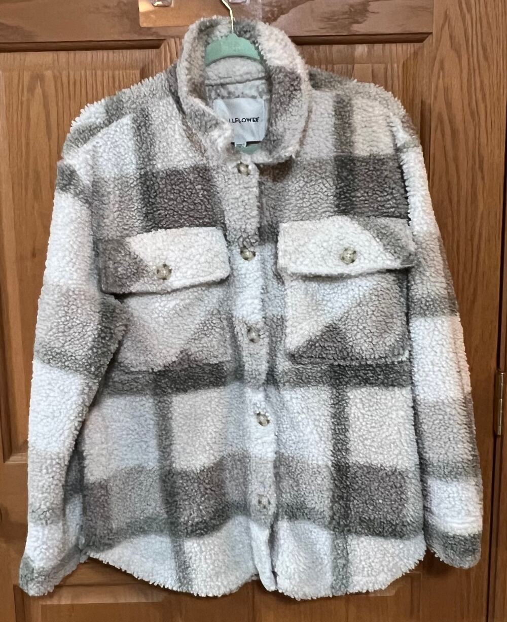 WallFlower Gray Plaid Sherpa Fleece Button Front Jacket Shacket